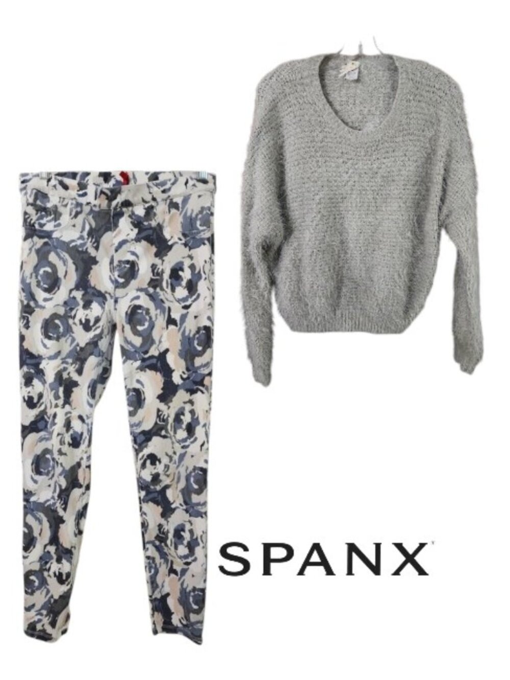 SPANX Blue & White Floral High-Rise Pants & Fuzzy Sweater, Mediums